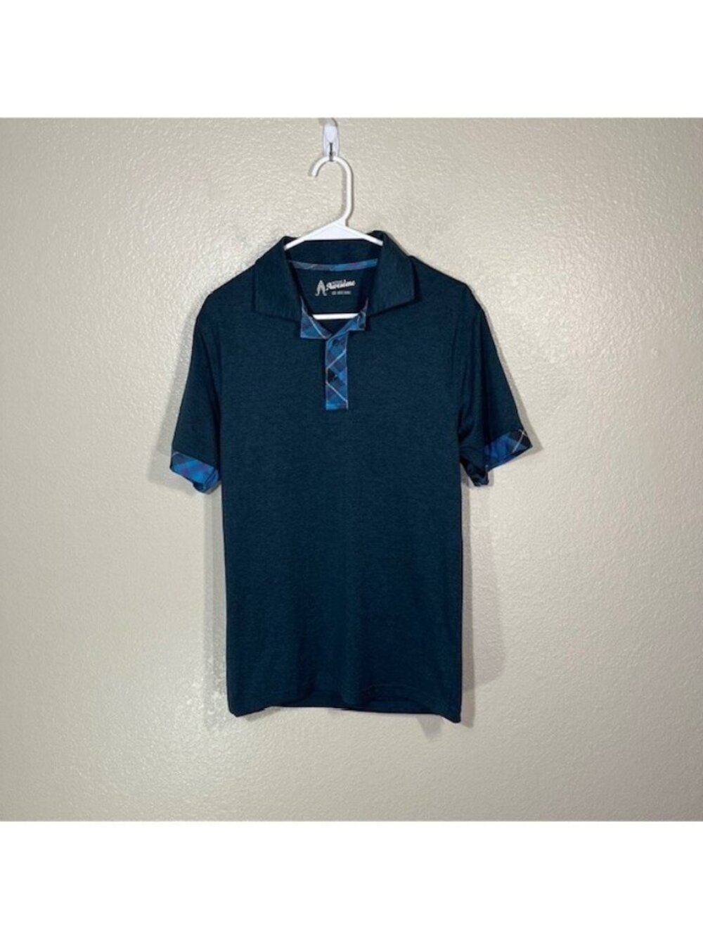 Royal and Awesome Golf Polo Mens Small Shirt Blue Tartan Plaid Stretch Athletic